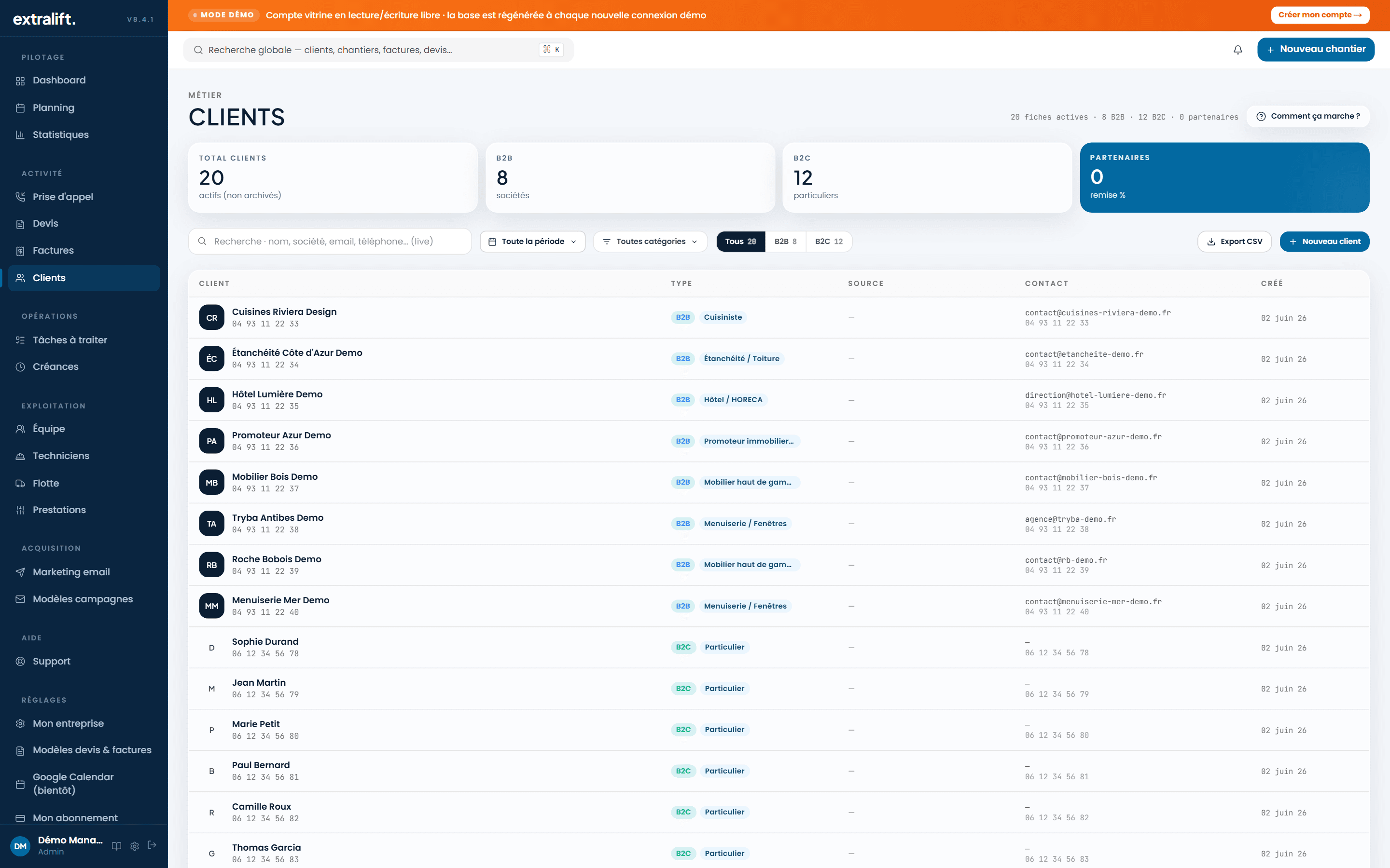 Vue CRM clients ExtraLift avec historique complet par fiche